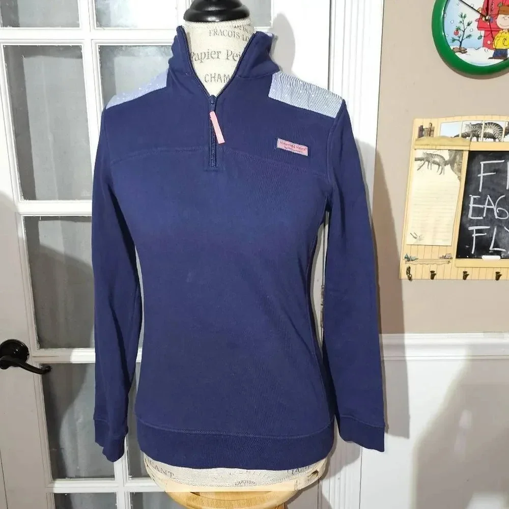 Vineyard Vines Womens Navy Dot Stripe 1/4 Zip Shep Shirt XS